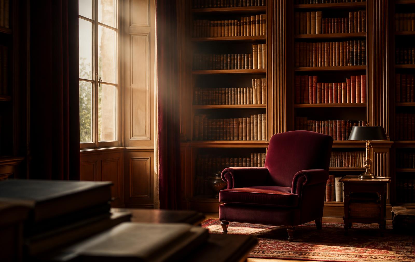 A quiet library reading room with shelves of bound books in warm light